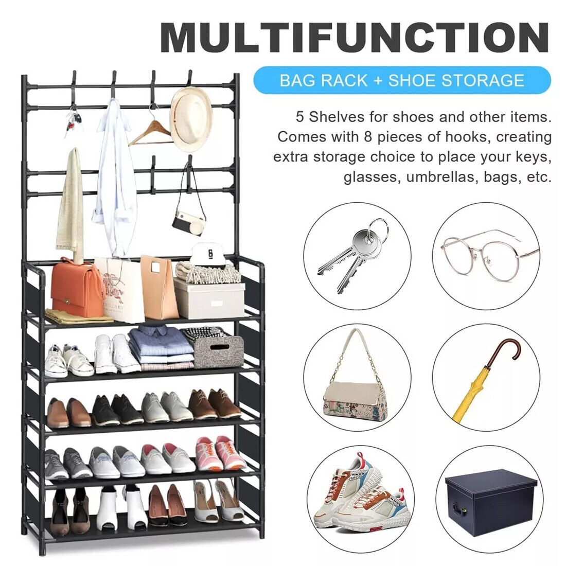 New Coat And Hat Stand 8 Hooks Metal Shoe Rack 5 Tiers Shelf Hanger Black UK