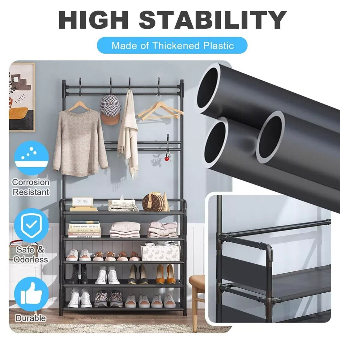 New Coat And Hat Stand 8 Hooks Metal Shoe Rack 5 Tiers Shelf Hanger Black UK