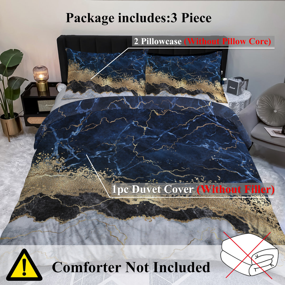 Chic Marble Bedding White Marble Gilded Navy Blue Duvet Cover Set Trendy Printed Design Bed Quilt Cover Set King 1 Duvet Cover 2 Pillowcases