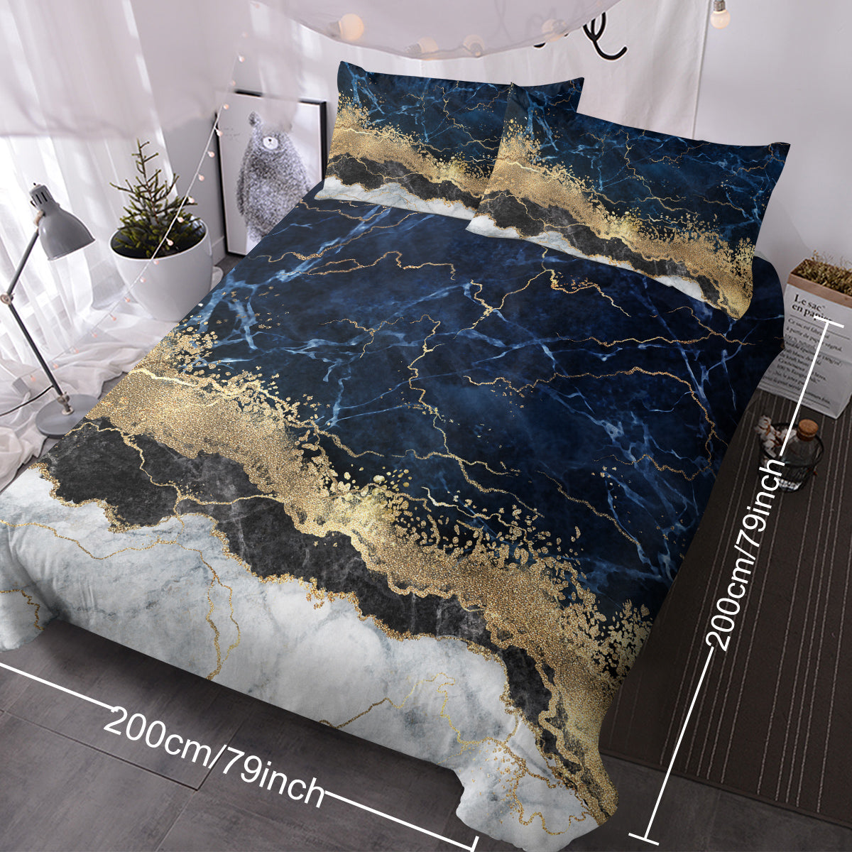 Chic Marble Bedding White Marble Gilded Navy Blue Duvet Cover Set Trendy Printed Design Bed Quilt Cover Set King 1 Duvet Cover 2 Pillowcases