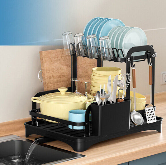 2 Tier Dish Rack Plate Cup Drying Drainer Storage Drip Tray Cutlery Holder UK