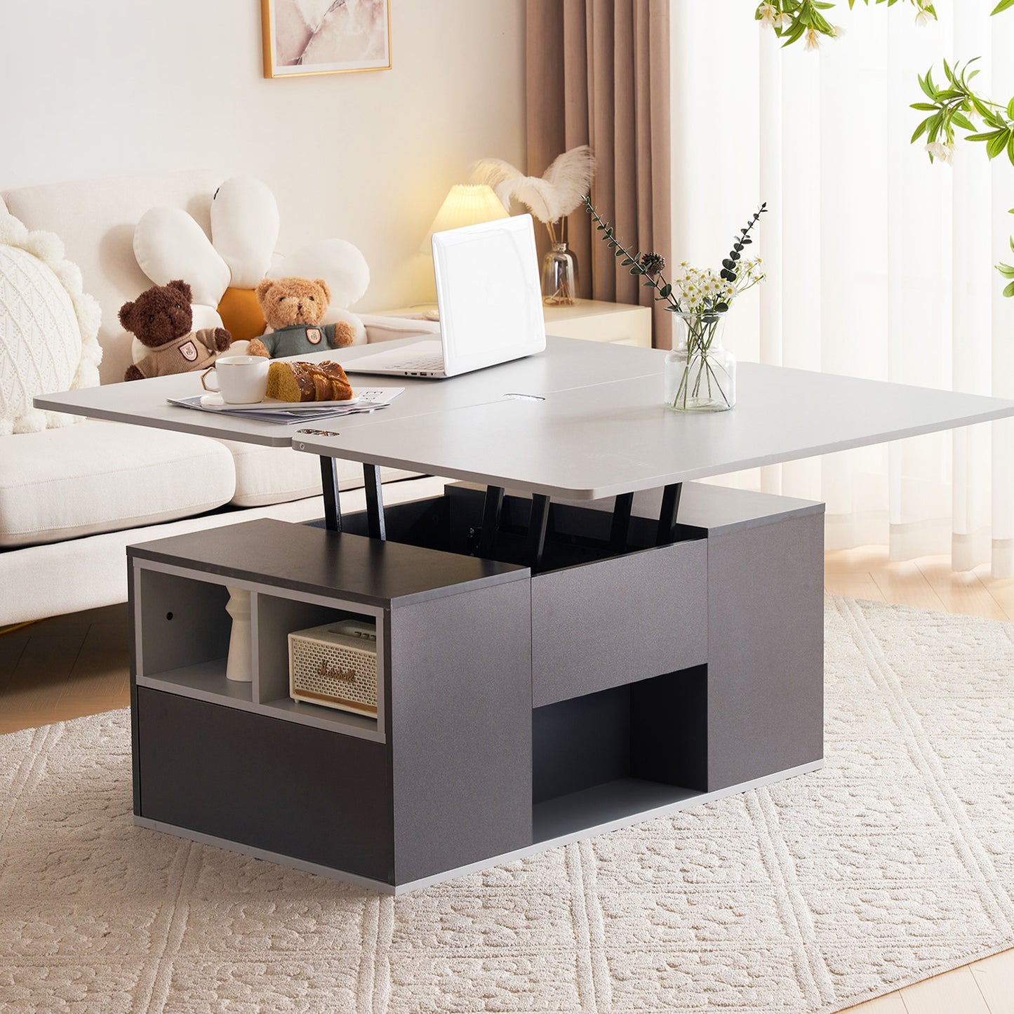 Grey Coffee Table With Storage, Lift Up Coffee Table For Living Room, Coffee Table With 2 Drawers Lift-Top Sofa End Tea Tables For Living Room Furniture, 100X51X47cm, Grey