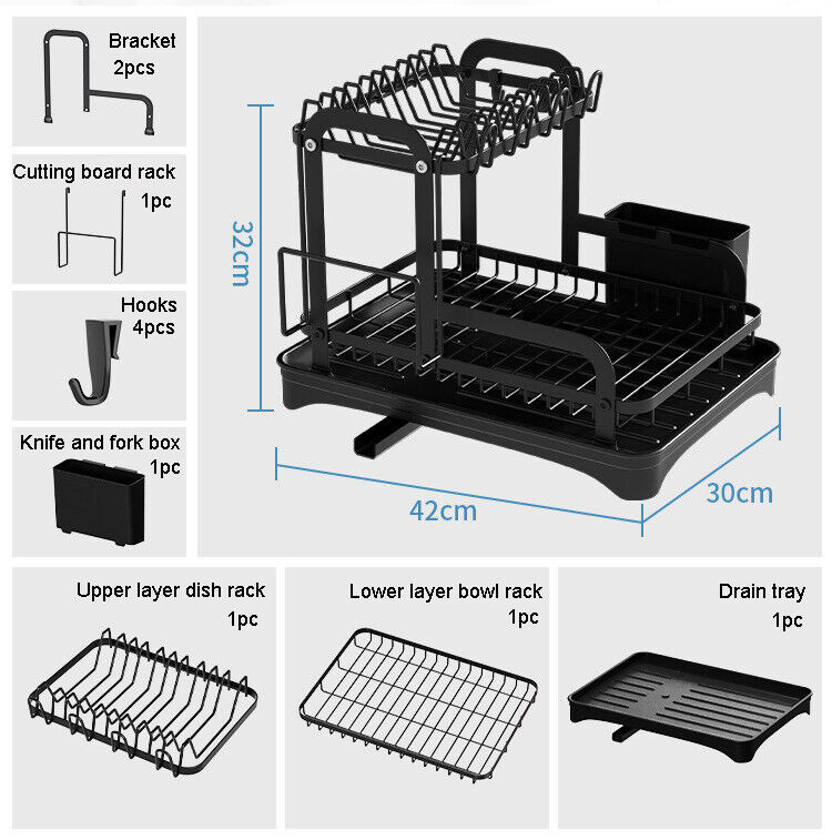2 Tier Dish Rack Plate Cup Drying Drainer Storage Drip Tray Cutlery Holder UK
