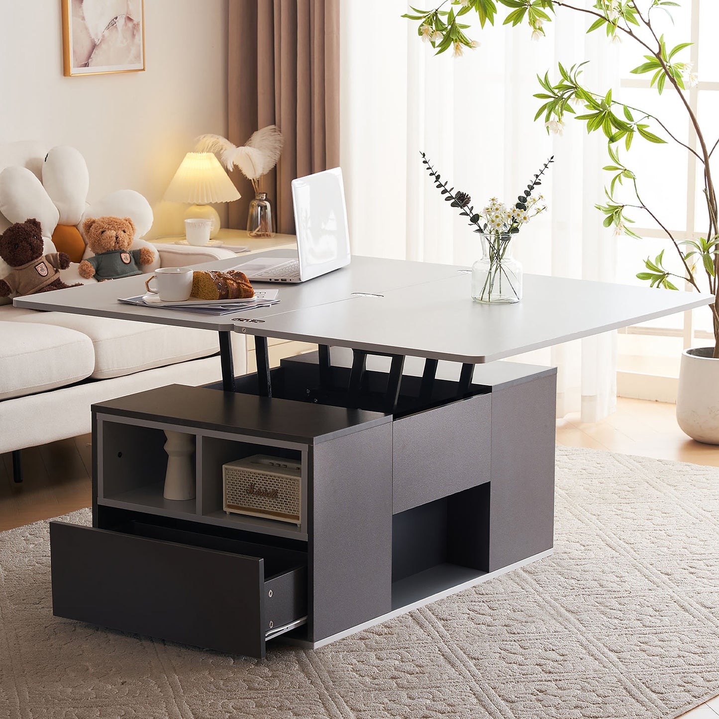 Grey Coffee Table With Storage, Lift Up Coffee Table For Living Room, Coffee Table With 2 Drawers Lift-Top Sofa End Tea Tables For Living Room Furniture, 100X51X47cm, Grey
