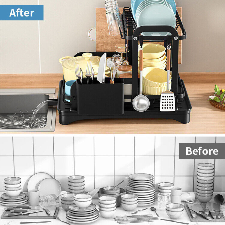 2 Tier Dish Rack Plate Cup Drying Drainer Storage Drip Tray Cutlery Holder UK