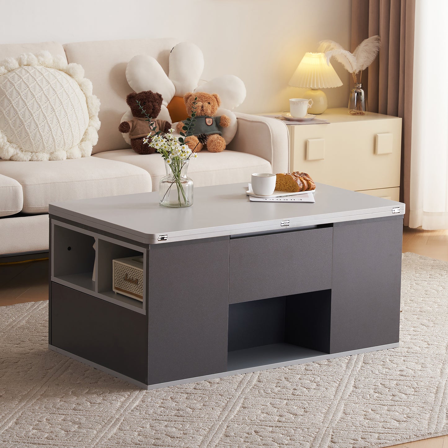 Grey Coffee Table With Storage, Lift Up Coffee Table For Living Room, Coffee Table With 2 Drawers Lift-Top Sofa End Tea Tables For Living Room Furniture, 100X51X47cm, Grey