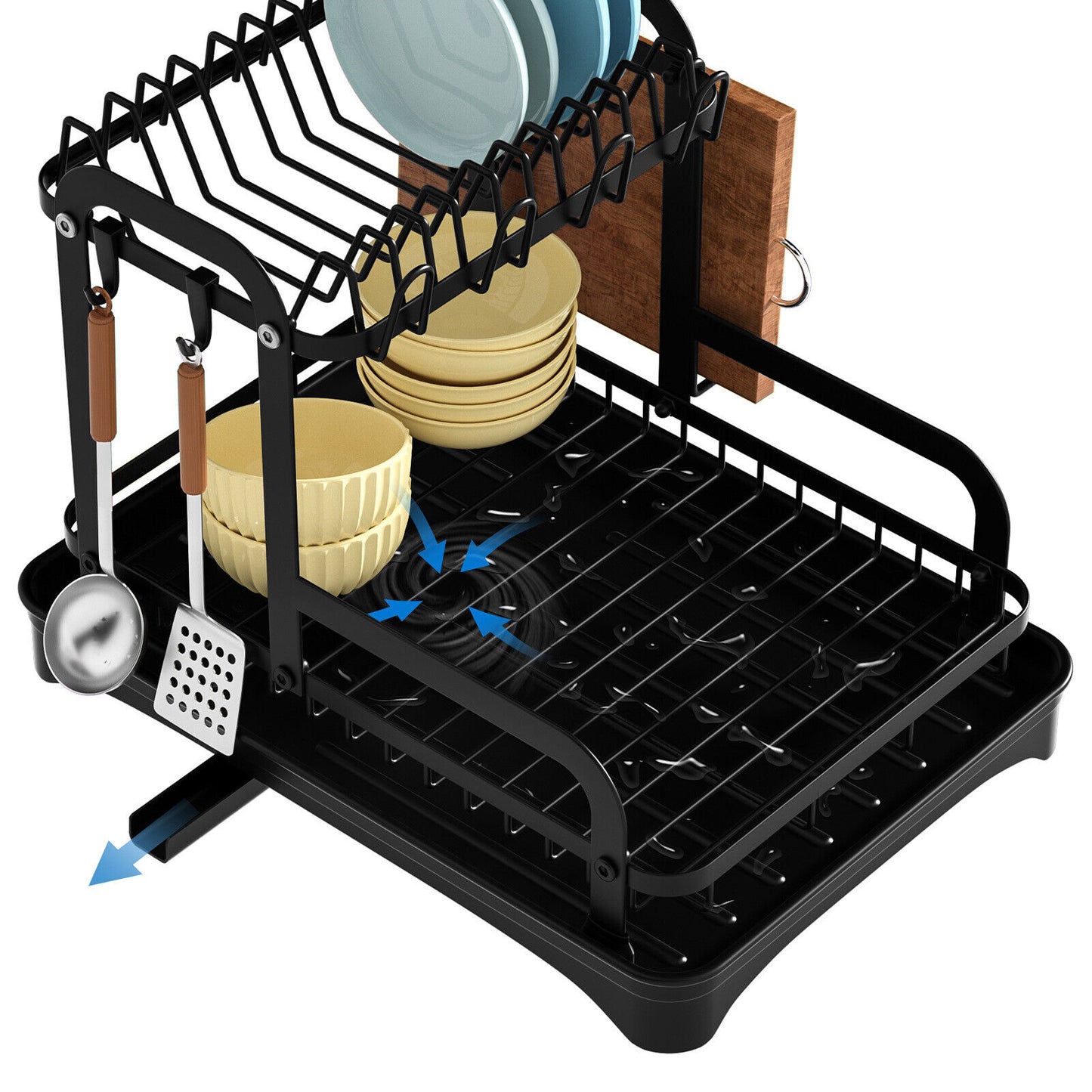 2 Tier Dish Rack Plate Cup Drying Drainer Storage Drip Tray Cutlery Holder UK