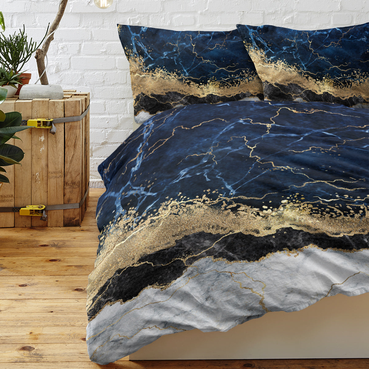 Chic Marble Bedding White Marble Gilded Navy Blue Duvet Cover Set Trendy Printed Design Bed Quilt Cover Set King 1 Duvet Cover 2 Pillowcases