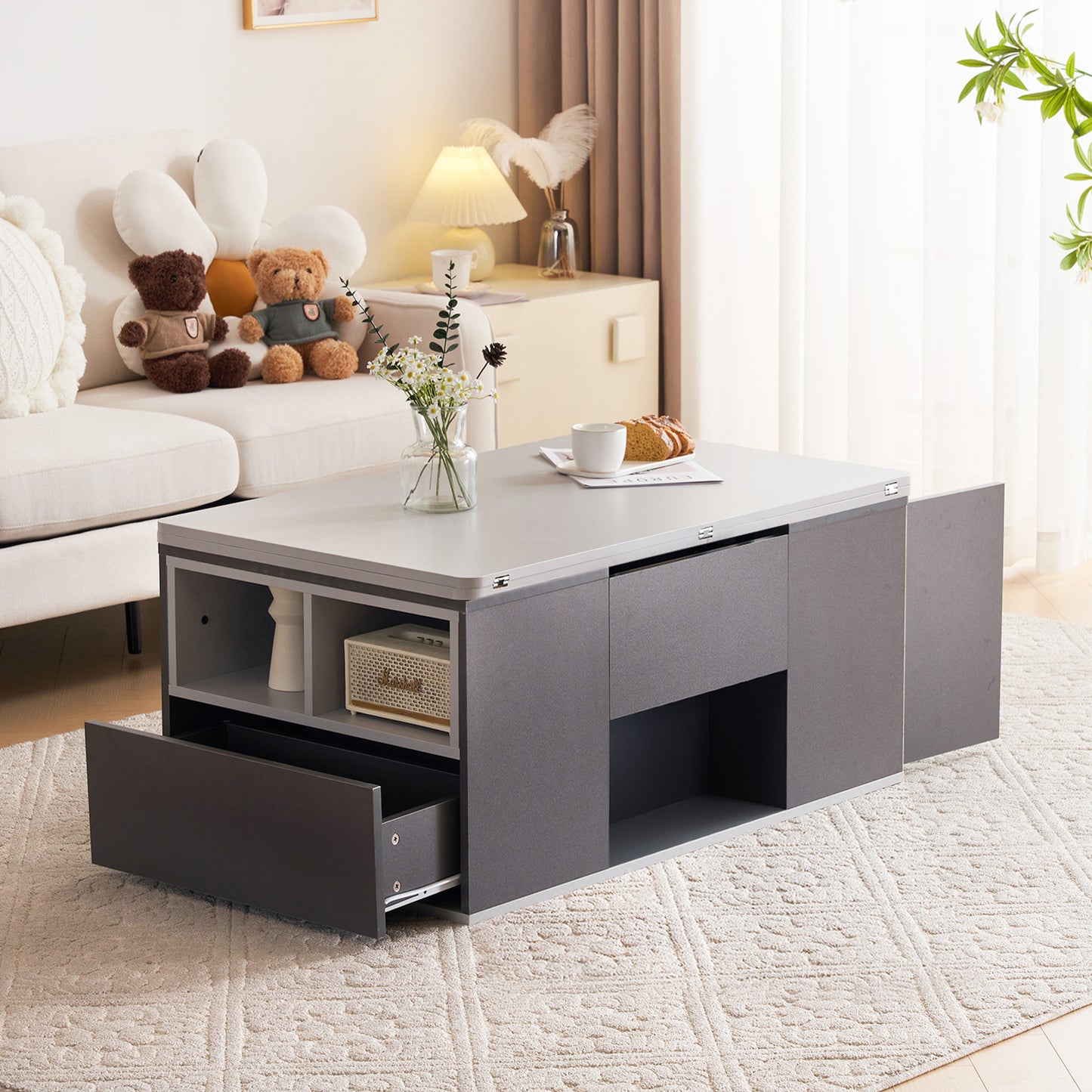 Grey Coffee Table With Storage, Lift Up Coffee Table For Living Room, Coffee Table With 2 Drawers Lift-Top Sofa End Tea Tables For Living Room Furniture, 100X51X47cm, Grey