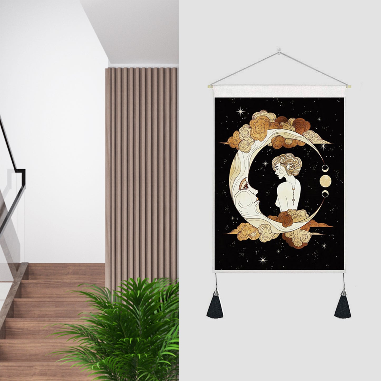 Tapestry Tassels Moon Mountain Linen Cotton Home Door Wall Hanging Bedroom Decor