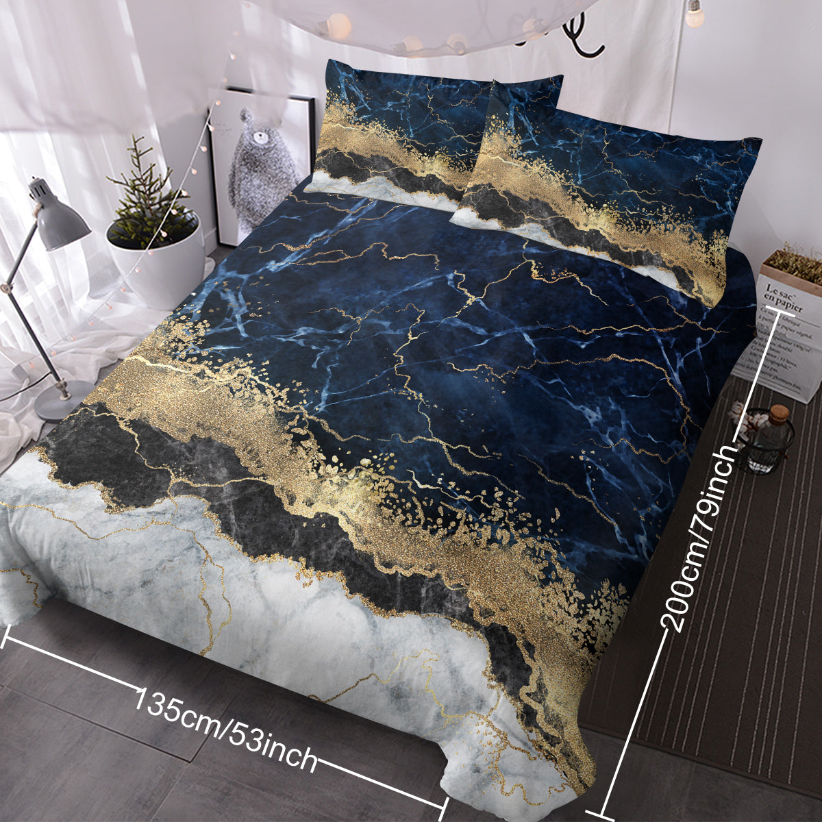 Chic Marble Bedding White Marble Gilded Navy Blue Duvet Cover Set Trendy Printed Design Bed Quilt Cover Set King 1 Duvet Cover 2 Pillowcases